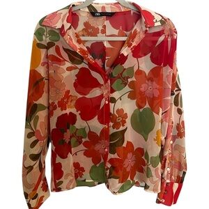 Zara Floral Sheer Button-Down Blouse Size Medium NWT